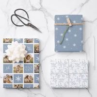 #ad: Photo collage wrapping paper featuring 12 square photos alternating with light blue squares embellished with white snowflakes, winter branches, and the phrase "Peace and Joy" in modern lettering. #zazzle #christmaswrappingpaper #holidaywrappingpaper #photowrappingpaper #photochristmaswrappingpaper #snowflakewrappingpaper