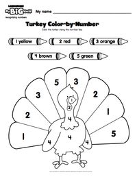 Pre-K students use a number key to color in a #turkey with this #printable from My Big World magazine!