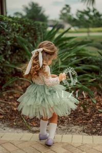 Sage Green Flower Girl Layered Tulle Skirt Tutu Style, Scalloped Edges Back Party Flower Girl Dress. This stunning lace gown will have all eyes on her! The lace used in the bodice is very soft and lined at the front with a stretch jersey cotton, making it comfortable against the skin. This dress is perfect for special occasion, wedding guest, flower girl, family portraits, junior bridesmaids , birthday parties, tea parties, father daughter dance and more.  Pull-on styling, fully lined.  This lis