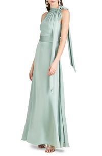 A satin tie at the neck and a pleated waist elevate the elegance of a flowy formal gown you'll feel gorgeous in at your next event. 57" center front length (size 8) Hidden side-zip closure Ties at neck Halter neck Sleeveless, with cutaway shoulders Lined 100% polyester Dry clean Imported Asian Owned/Founded