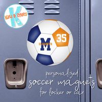 ad: Easy-to-personalize soccer magnet with blue & orange team colors -- many more team color combinations are available #soccermagnets #soccerteamspirit #soccerteamgifts #teamgiftsunder10