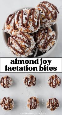 Learn how to make these delicious and filling almond joy lactation bites. These no-bake, vegan snack bites are a delicious, healthy, and milk boosting snack perfect for nursing moms looking for something sweet to eat between feedings or pumpings. Made with almond butter, shredded coconut, and a little chocolate, these healthy lactation bites are a nod to the candy bar classic, Almond Joy, only better.