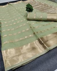 PRICE - *₹ 899+$/-* 118 SAREE - SOFT ORGANZA SILK [ beautiful jacquard weaving border and all over jacquard weaving butti and heavy jacquard weaving striped pallu ] BLOUSE - SOFT ORGANZA SILK [ running blouse with jacquard weaving stripes and jacquard weaving butti ] LENGTH - 6.30 METER READY TO SHIP