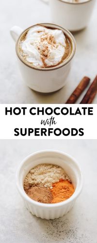 This hot chocolate made with superfoods is packed-full of immune-boosting, antioxidant-filled ingredients that make for one heck of cup of hot cocoa! From coconut, to turmeric and the sweetness of raw honey, this is a hot chocolate recipe you can feel good about drinking. #hotchocolate #superfoods #vegan