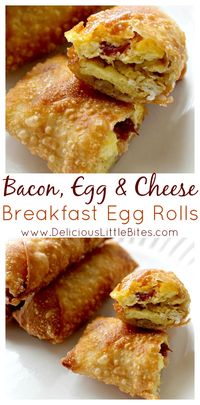 Why didn't I think of this sooner?!? Bacon, Egg, and Cheese stuffed in an egg roll wrapper and deep fried? YES please! What a fun breakfast recipe! Needless to say, everyone loves when I make these for breakfast! | www.DeliciousLittleBites.com