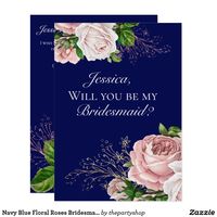 Navy Blue Floral Roses Bridesmaid Invitation #bridesmaidproposal #bridalpartyproposal #bridesmaid #elegant #vintage #botanical #flowers #floral #pinkroses