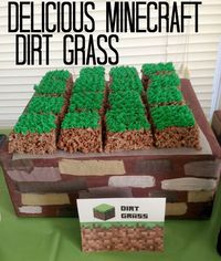 Minecraft Party Blog with tons of ideas!! Minecraft Food Sign Tent Cards - Dirt Grass Rice Krispies Treats with Green Frosting! So many more #minecraft