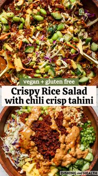 Crispy Rice Salad with edamame, mango, and sesame-toasted crispy rice with Chili Crisp Tahini. This texture-loaded salad is vegan, gluten free, and super satisfying.  via @https://www.pinterest.com/jamievespa/