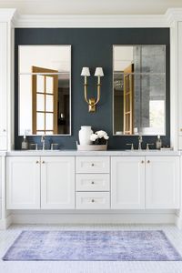 Traditional master bath with open doors and dark navy wallpaper, double sconce, double vanity | Studio McGee Design