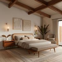 Get inspired by this cozy bedroom with a wooden bed and neutral color scheme. The wooden bed and bedside tables create a warm and inviting atmosphere, while the neutral color palette creates a sense of calm and serenity. The artwork and decorative plants add a touch of personality and style. Click to see more cozy bedroom ideas!