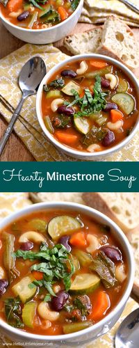 Hearty Minestrone Soup ... learn how to make this classic minestrone soup recipe! This thick, satisfying vegan soup is packed with veggies and is so easy to make! | Hello Little Home