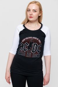 An official licensed AC/DC Ladies Raglan Skinny Fit Tee featuring the 'Hard As Rock' design motif. This high quality t-shirt design is available in the black & white colourway. Classic ladies fit soft-style cotton raglan tee with three quarter sleeves. Features contrasting black body with white sleeves. Raglan Sleeves, Three Quarter Sleeves Comes in a wide range of sizes from X-Small through XXXX-Large, subject to availability.