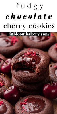 These are the best chocolate cherry cookies! They're fudgy chocolate thumbprint cookies, filled with chocolate cherry ganache.