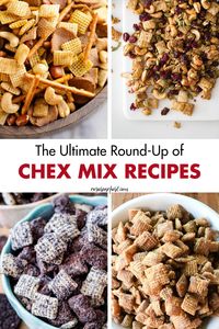 The ultimate round-up of Chex mix recipes! 50 snack mix recipes for all occasions. Sweet, savory, spicy, and more, with lots of holiday recipes. #Chexmix #snackmix #partyfood