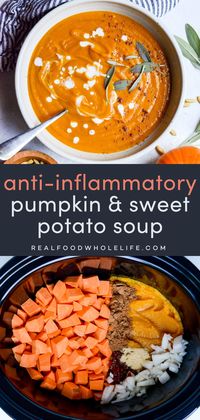 Enjoy the warming, anti-inflammatory benefits of pumpkin and sweet potato in this creamy, flavorful soup. Simple to make and full of wholesome ingredients, it’s an ideal recipe for anyone looking to eat healthy this fall. Perfect for cozy dinners or meal prep. For more easy slow cooker soups visit realfoodwholelife.com.