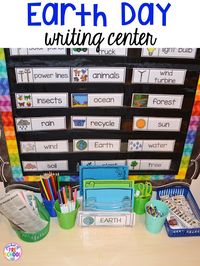 Earth Day writing center or writing desk. Plus FREE Earth Day vocabulary posters! Perfect for preschool, pre-k, or kindergarten.