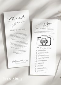 Enhance your wedding table decor with our elegant Thank You Place Cards featuring an I Spy Wedding Game with QR code. These modern minimalist cards offer a unique photo scavenger hunt for your guests. Capture memories as they follow fun photo prompts and upload their snaps using the QR code. Effortlessly personalize through Corjl and add a creative touch to your wedding. Click to see how this can make your day special!