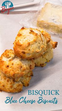 These savory blue cheese biscuits recipe made with Bisquick are so simple to make using a biscuit mix, butter, blue cheese crumbles, and buttermilk.