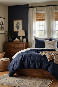 Add farmhouse elegance to your bedroom with navy bedding. This luxurious yet down-to-earth color perfectly complements farmhouse elements like reclaimed wood, iron accents, and vintage decor. Create a cozy, stylish space that's perfect for relaxation. #FarmhouseElegance #NavyBedding #BedroomStyle