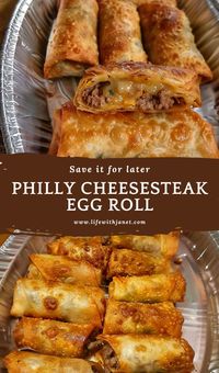 Combine two delicious classics with these mouthwatering Philly Cheesesteak Egg Rolls! 🥩🧀🥚 Crispy egg roll wrappers filled with tender steak, melted cheese, and sautéed peppers and onions, they're perfect for game day or any gathering. #PhillyCheesesteak #EggRolls #AppetizerRecipes #GameDayFood #PartyFood #FingerFood #CheeseSteak