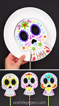 Use a paper plate to make your own Day of the Dead mask! This Day of the Dead craft is such a fun and easy way for kids to celebrate Día de Muertos. And these DIY sugar skull masks are so bright and colourful! Use simple supplies to make this fall craft that also works as part of a DIY Halloween costume.