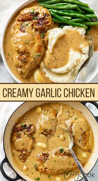 This Creamy Garlic Chicken recipe is easy to make on the stove top with chicken breasts that are smothered in a rich and creamy garlic parmesan sauce. You will love this easy dinner idea! 