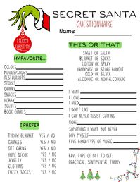 Are you ready to take your Secret Santa game to the next level? Look no further! Our beautifully crafted Secret Santa Questionnaire digital download is your ticket to a holiday season filled with thoughtful and unforgettable gift exchanges. 🎅 What's Included: - A meticulously designed, printable Secret Santa Questionnaire PDF - A digital file for easy download and unlimited prints - A comprehensive list of fun and thought-provoking questions - Space for participants to fill out their answers 🎁 Why You'll Love It: Our Secret Santa Questionnaire is a fantastic way to ensure that your gift-giving experience is both fun and heartfelt. With carefully curated questions that uncover preferences, hobbies, and favorite things, you'll be armed with the perfect insights to choose the ideal gift for