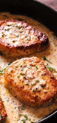 Pork chops in creamy garlic and herb wine sauce