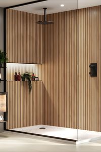 Discover Naturepanel Brown Cuneo Oak, a revolutionary of 100% waterproof slat wood wall panel. Inspired by the serene beauty of nature, our panels feature authentic neutral designs. Ideal for bathrooms, shower cubicles, gyms, and hotels. Embrace the timeless elegance and durability of UK-made Naturepanel, with a 30-year warranty, for a minimalist yet luxurious interior transformation. #bathroomwallpanel#timelessinterior#woodslat accentwall