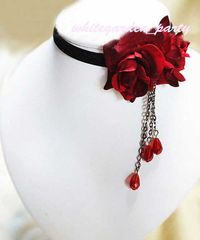 Black Double Red Rose Rococo Goth Cocktail Party Bridal Velvet Necklace