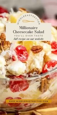 Millionaire Cheesecake Salad is a delicious fruit salad recipe that everyone will love! It’s loaded with fruit and a creamy cheesecake filling to create the most glorious fruit salad ever (or fruit dessert).Have you ever had Millionaire Salad? It’s a lot like Watergate salad or ambrosia salad, sweet fruit, crunchy nuts, and soft marshmallows, tossed in a fluffy whipped topping.