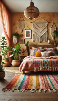 Stunning boho chic bedroom featuring vibrant, colorful textiles and an eclectic mix of rustic and modern furniture. Macramé wall hangings, potted plants, and a large hanging plant in a woven basket bring a touch of nature indoors. Warm, earthy tones and decorative art pieces adorn the walls, creating a cozy, inviting atmosphere perfect for relaxation.