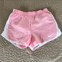 Pink Dri Fit Shorts With White Trim And White Mesh Sides Elastic Waistband, Attached Undergarment Nike Swoosh Logo Decal Polyester Dri Fit Technology Size 6