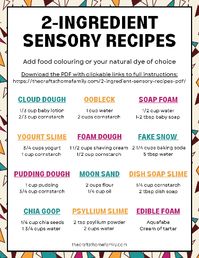 Sensory play doesn’t have to be complicated! Here are 12 sensory recipes that only require TWO ingredients. Read on to find the full instructions for a dozen easy sensory play recipes that take just 2 ingredients to make. These simple sensory play activities are perfect for infants, for babies, for toddlers and for preschoolers who enjoy playing with DIY sensory bins. Try these easy sensory activities are home with your kids! These sensory bins for toddlers are great for home and for preschool.