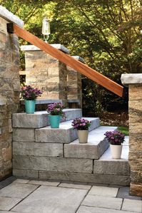 These outdoor stone steps were inspired by our Rocka carved-stone steps. These steps provide a wonderfully wide walking surface with immense style. Pin this and start building natural-looking outdoor stone stairs with these large pre-cut concrete steps!