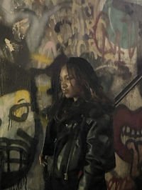 artist aesthetic, graffiti, leather jacket, pose, black girl, edgy, black, rockstar