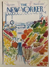 This vintage New Yorker cover done by Arthur Getz was published on October 23, 1971. This cover features a vibrant seen that local produce stand. The back of the cover also includes an advertisement for Old Grand Dad Bourbon. This is an authentic original New Yorker magazine cover, not a reproduction. This was printed by The New Yorker and mailed to Kansas City, Missouri in October 1971. -AES