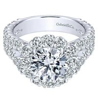 DIAMOND ENGAGEMENT RINGS - 18K White Gold Split Shank Floral Halo Diamond Engagement Ring