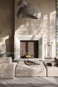 SoHo Modern Fireplace Mantel Surround in Cast Stone by Artisan Kraft. Shop our link below for more  modern cast stone fireplace surrounds. 