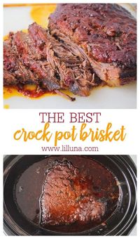 Juicy brisket made in your slow cooker! This meat is so tender it just falls apart. Easiest recipe and so delicious!! #slowcookerbrisket #brisket #tenderbrisket #easybrisket #slowcookerbeef