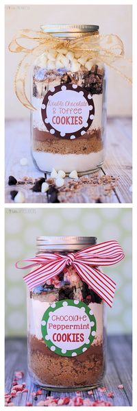 Two great cookies in a jar recipes: double chocolate toffee and chocolate peppermint. Great gift idea!