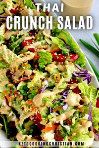 Thai Crunch Salad with Peanut Dressing This impressive Thai Crunch Salad with Peanut Dressing is made with a colorful mix of crisp veggies and a creamy dressing that creates an incredible combination of flavors and textures. #thaicrunchsalad #californiapizzakitchensalad