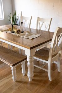 You deserve a staple piece in your dining room. Introducing the handmade Dixon Farm Table. A perfect combination of simple & traditional design. The Details: Featured is a solid red oak table with provincial stain and a white painted base. The second table photographed is a solid ash table with provincial stain. The third table photographed has a solid walnut top and white painted base. Beautifully grained and finished with clear matte polyurethane. Available in multiple stain and paint choices.