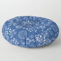 Botanicals in a circles. ferns, garden, leaf, botanic, blue, boho, blue-white, indigo, navy. Floor Pillow