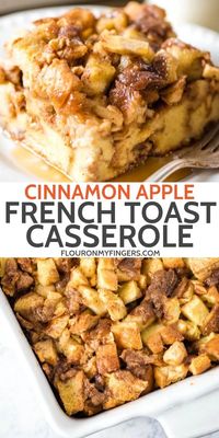 Bake up an apple French toast casserole, topped with cinnamon brown sugar, for busy mornings on the go or an easy holiday breakfast. Perfect for a crowd! #flouronmyfingers #fallrecipes #Frenchtoast #casserole #breakfast