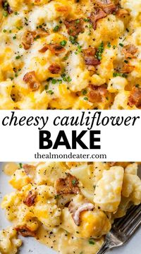 Cheese, bacon, and cauliflower come together in this irresistible Cheesy Cauliflower Bake. An easy and quick weeknight side dish, this gluten free recipe has everything you love about mac and cheese but without the heavy pasta!