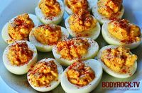 BODYROCKER'S EGGS Healthy deviled eggs without the mayo. 1 Weight watchers Points + each! 6 hard boiled eggs, 6 teaspoons of plain yogurt, 2 teaspoons of dijon mustard, 2 teaspoons of finely chopped onion, 2 tablespoons of honey, 2 tablespoons of paprika, chili powder.