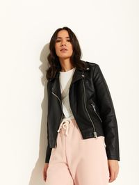 A vegan leather jacket that demands attention. The timeless moto silhouette and exposed metal zippers complete your look with edge. Notched lapel Side zipper pockets and sleeve gusset Cropped silhouette Fully lined