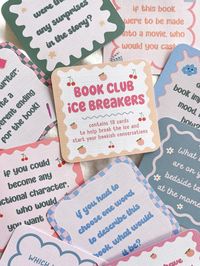 🎀 The book club ice breaker card set  Perfect for new book clubs! questions contain general bookish questions to get to know everyone, as well as discussion prompts! The cards:   This deck of cards contain 18 unique designs and question cards to help get your bookish discussions going! 💗 Cards are handmade and printed on luxury 300 gsm card stock.  Sizes are 9cm x 10cm approx 📬 Cards can be purchased with or without the wooden stand or mini wooden easel. We package the cards in a large letter