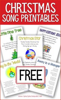 Use this free set of Christmas Song printables with your kids during the Christmas season. Songs included: Away in a Manger, Joy to the World and some special songs just for younger kids. #1plus1plus1 #christmassongs #christmasprintables #christmasideasforkids  #christmasforkids #christmasactivities #christmasactivitiesforkids